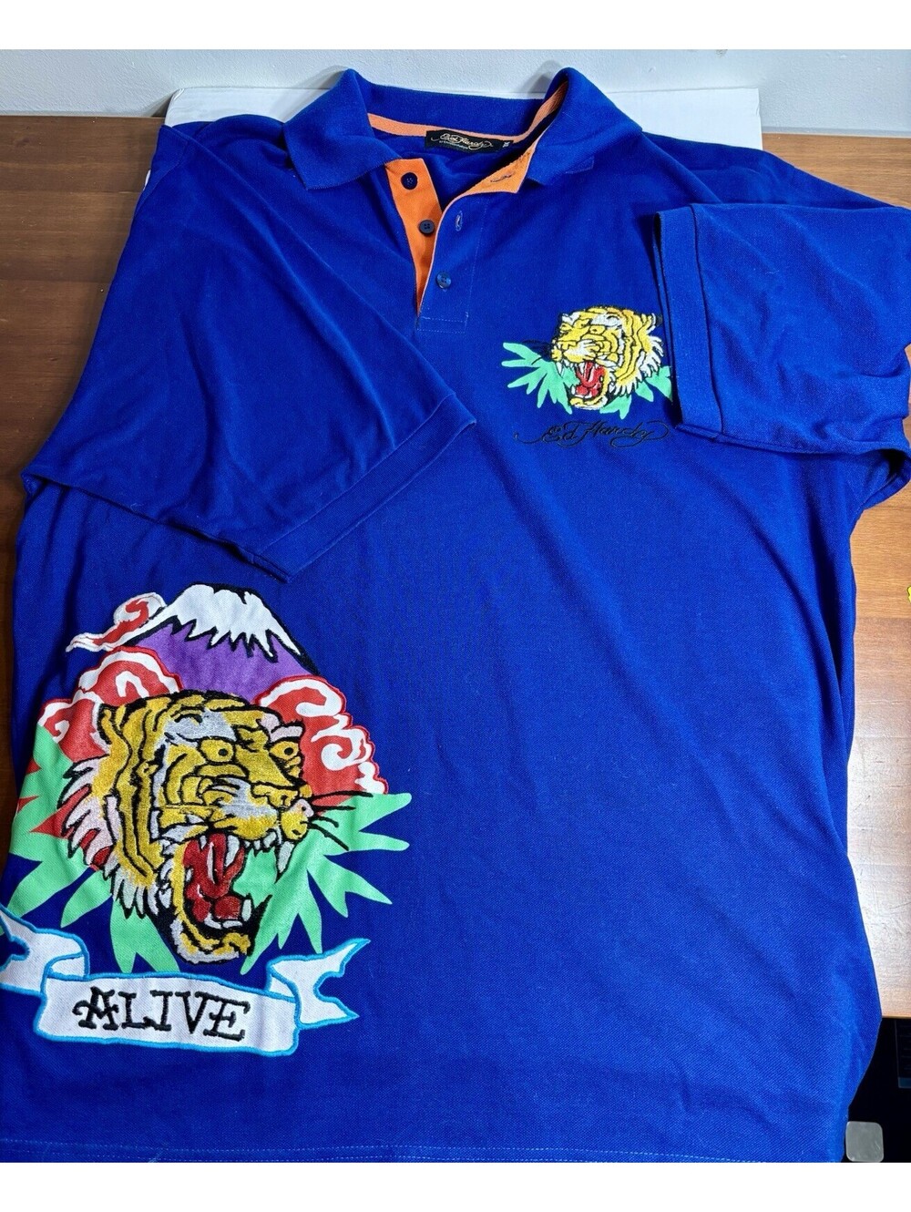 Ed Hardy Shirt Mens 3X Blue Embroidered Tiger Logo Polo Collar Front & Back